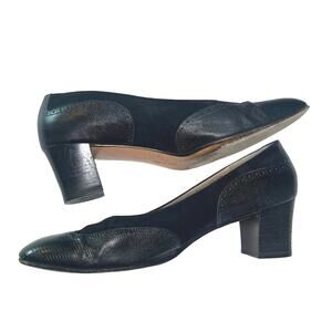 Salvatore Ferragamo Black Suede Leather Square Toe Heel Pumps‎ Sz 10